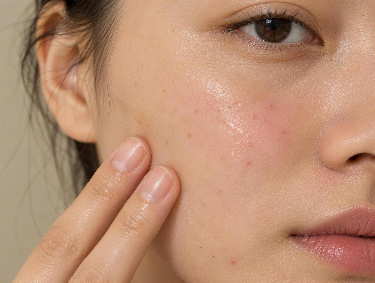 Auftragen des AKNE Care Balsam auf der Wange – die Hautstruktur bleibt sichtbar