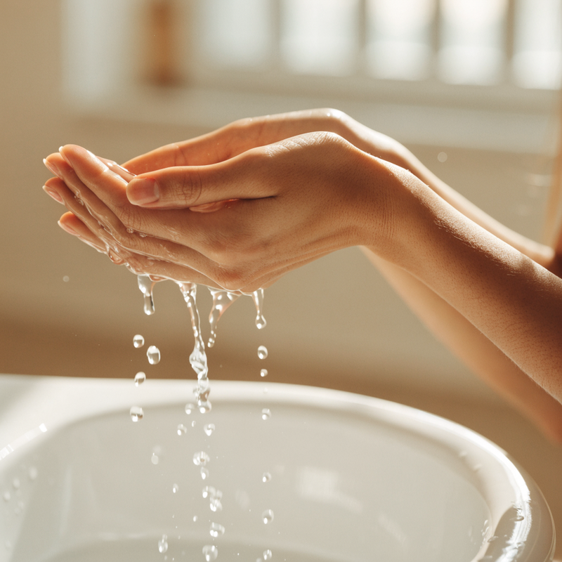 Hände schöpfen Wasser am Waschbecken – Reinigung mit CitruCare